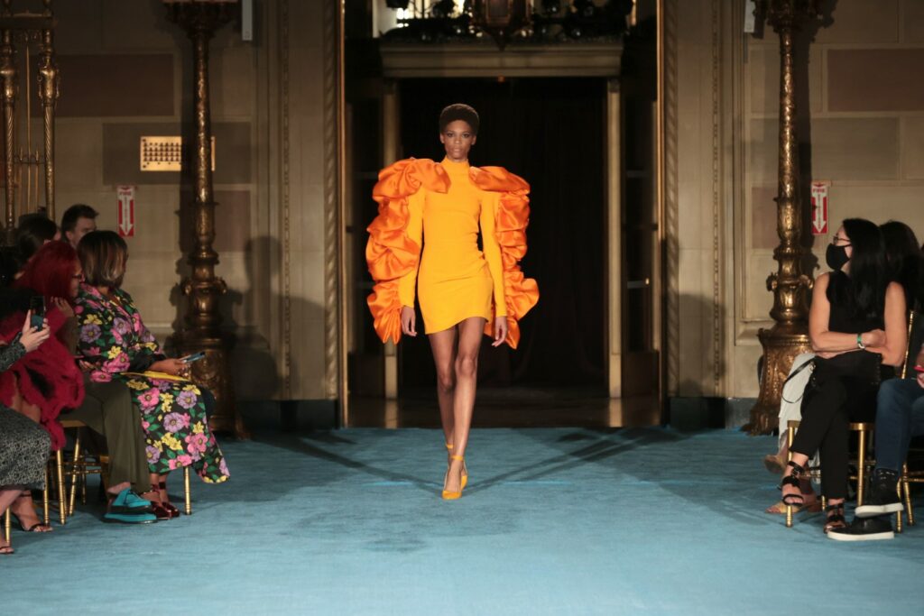 NEW YORK, NEW YORK - SEPTEMBER 07: A model walks the runway for the Christian Siriano SS2022 Fashion Show at Gotham Hall on September 07, 2021 in New York City (Photo by Mike Coppola/Getty Images for Christian Siriano)