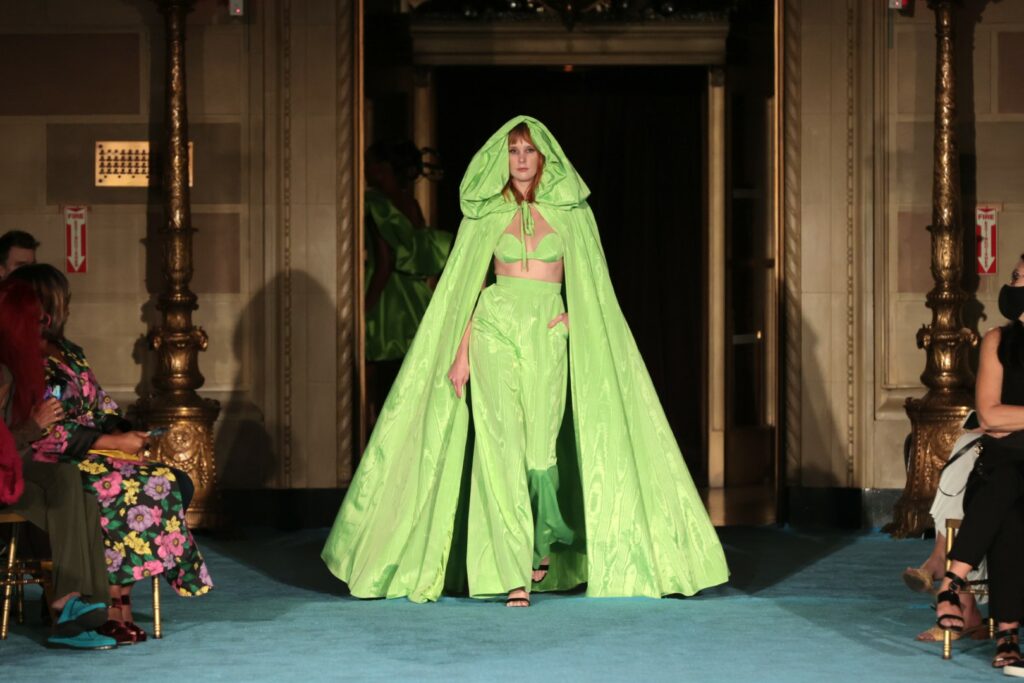 NEW YORK, NEW YORK - SEPTEMBER 07: A model walks the runway for the Christian Siriano SS2022 Fashion Show at Gotham Hall on September 07, 2021 in New York City (Photo by Mike Coppola/Getty Images for Christian Siriano)