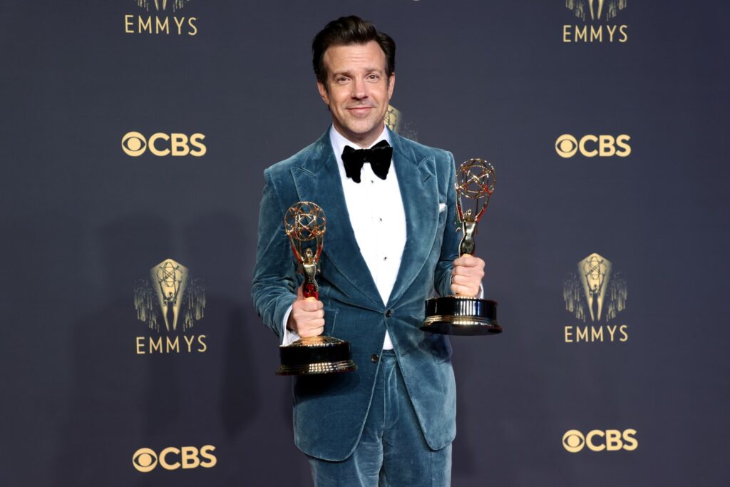 LOS ANGELES, CALIFORNIA - SEPTEMBER 19: Jason Sudeikis, winner of the Outstanding Comedy Series and Outstanding Lead Actor in a Comedy Series awards for ‘Ted Lasso,’ poses in the press room during the 73rd Primetime Emmy Awards at L.A. LIVE on September 19, 2021 in Los Angeles, California. (Photo by Rich Fury/Getty Images)