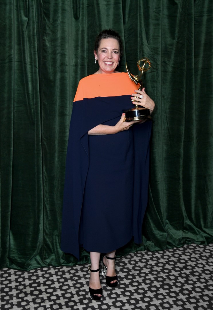 LONDON, ENGLAND - SEPTEMBER 19: Olivia Colman with her Emmy award for 'Outstanding Lead Actress for a Drama Series', at the "The Crown" 73rd Primetime Emmys Celebration at Soho House on September 19, 2021 in London, England. (Photo by Gareth Cattermole/Getty Images)