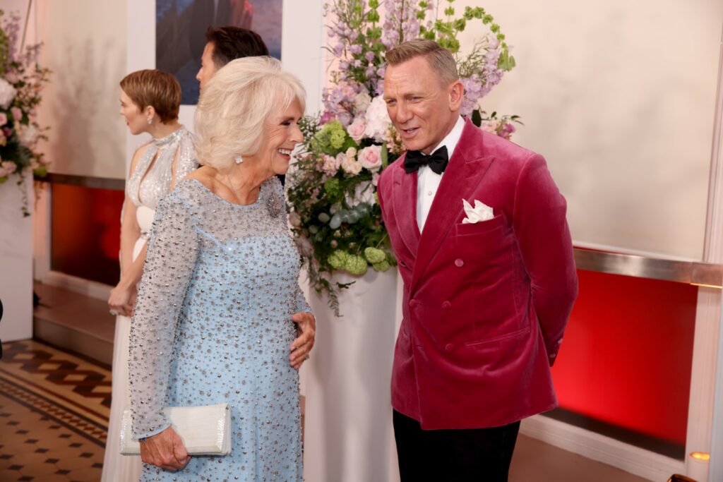 LONDON, ENGLAND - SEPTEMBER 28: Camilla, Duchess of Cornwall meets some of the cast including Daniel Craig at the World Premiere of "NO TIME TO DIE" at the Royal Albert Hall on September 28, 2021 in London, England. (Photo by Tim P. Whitby/Getty Images for EON Productions, Metro-Goldwyn-Mayer Studios, and Universal Pictures )