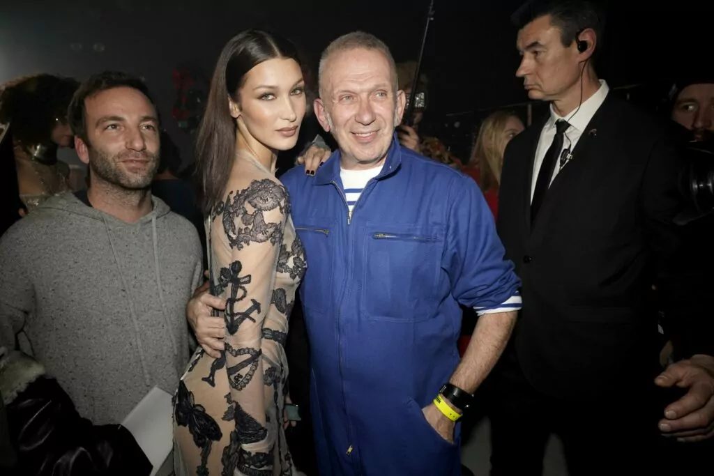 PARIS, FRANCE - JANUARY 22: Bella Hadid and Jean-Paul Gaultier are seen backstage after walking the runway at the Jean-Paul Gaultier 50th Birthday show at Theatre du Chatelet on January 22, 2020 in Paris, France. (Photo by Francois Durand/Getty Images For Jean Paul Gaultier)