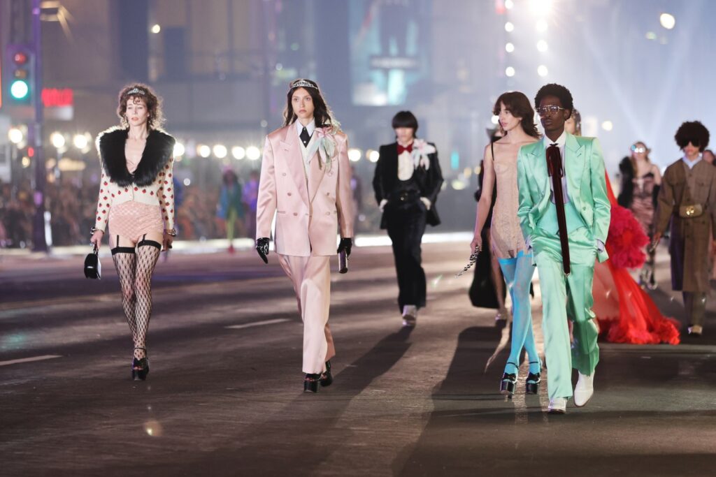 LOS ANGELES, CALIFORNIA - NOVEMBER 02: Models walk the runway during Gucci Love Parade on November 02, 2021 in Los Angeles, California. (Photo by Emma McIntyre/Getty Images for Gucci)