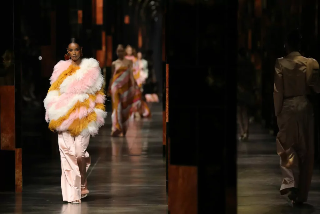 MILAN, ITALY - SEPTEMBER 22: Models walk the runway at the Fendi fashion show during the Milan Fashion Week - Spring / Summer 2022 on September 22, 2021 in Milan, Italy. (Photo by Vittorio Zunino Celotto/Getty Images)