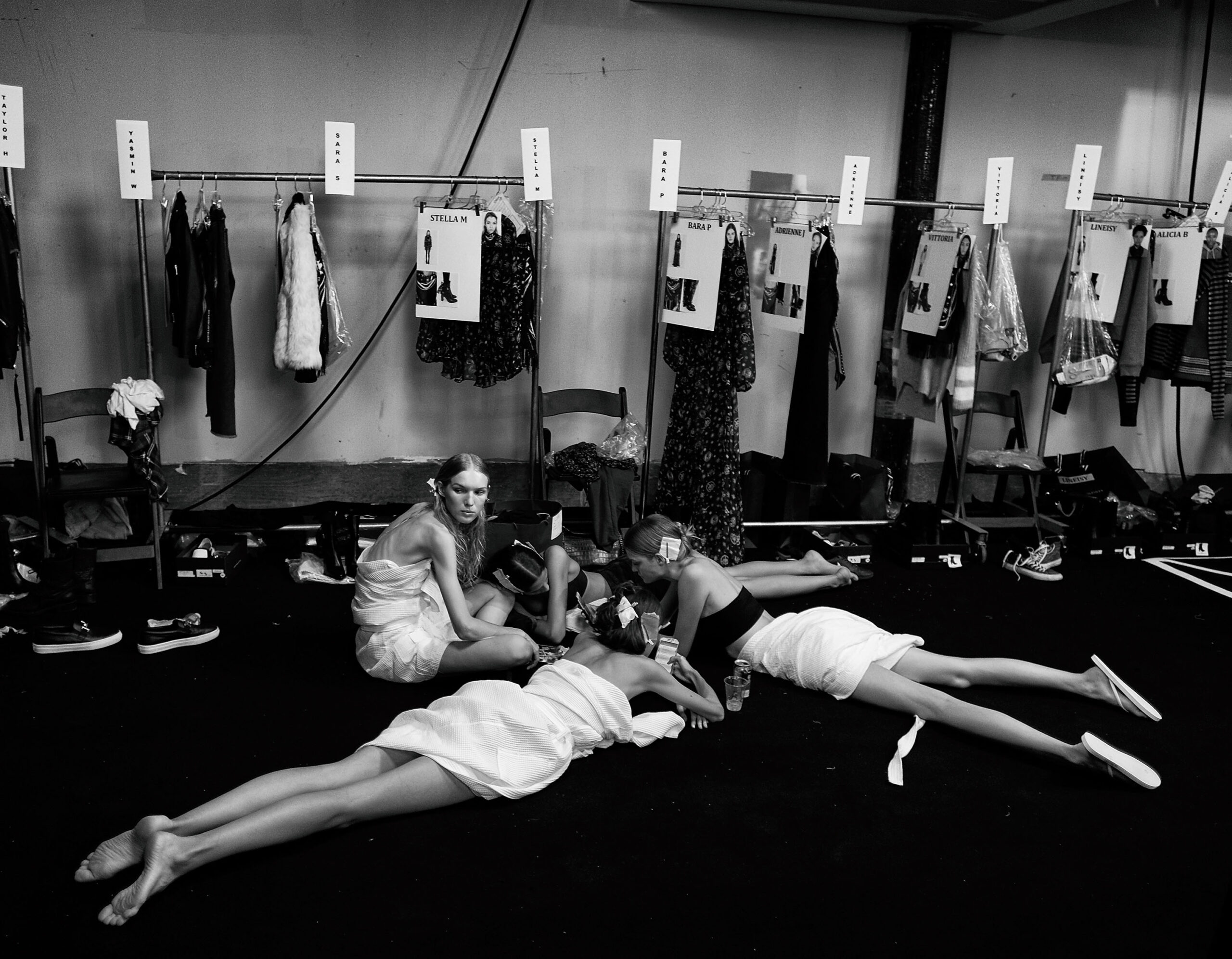 NEW YORK, NY - SEPTEMBER 09: (EDITORS NOTE: Image has been converted to black and white.) Model backstage at the #TOMMYNOW Women's Fashion Show during New York Fashion Week at Pier 16 on September 9, 2016 in New York City. (Photo by Grant Lamos IV/Getty Images for Tommy Hilfiger)