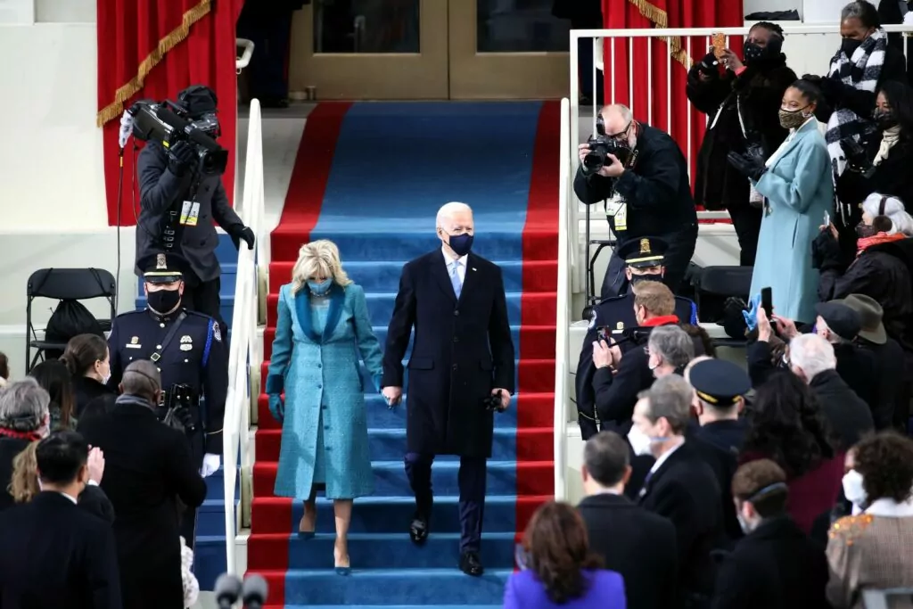 WASHINGTON, DC - JANUARY 20: U.S. President-elect Joe Biden and Jill Biden arrive to the inauguration on the West Front of the U.S. Capitol on January 20, 2021 in Washington, DC. During today's inauguration ceremony Joe Biden becomes the 46th president of the United States. (Photo by Rob Carr/Getty Images)