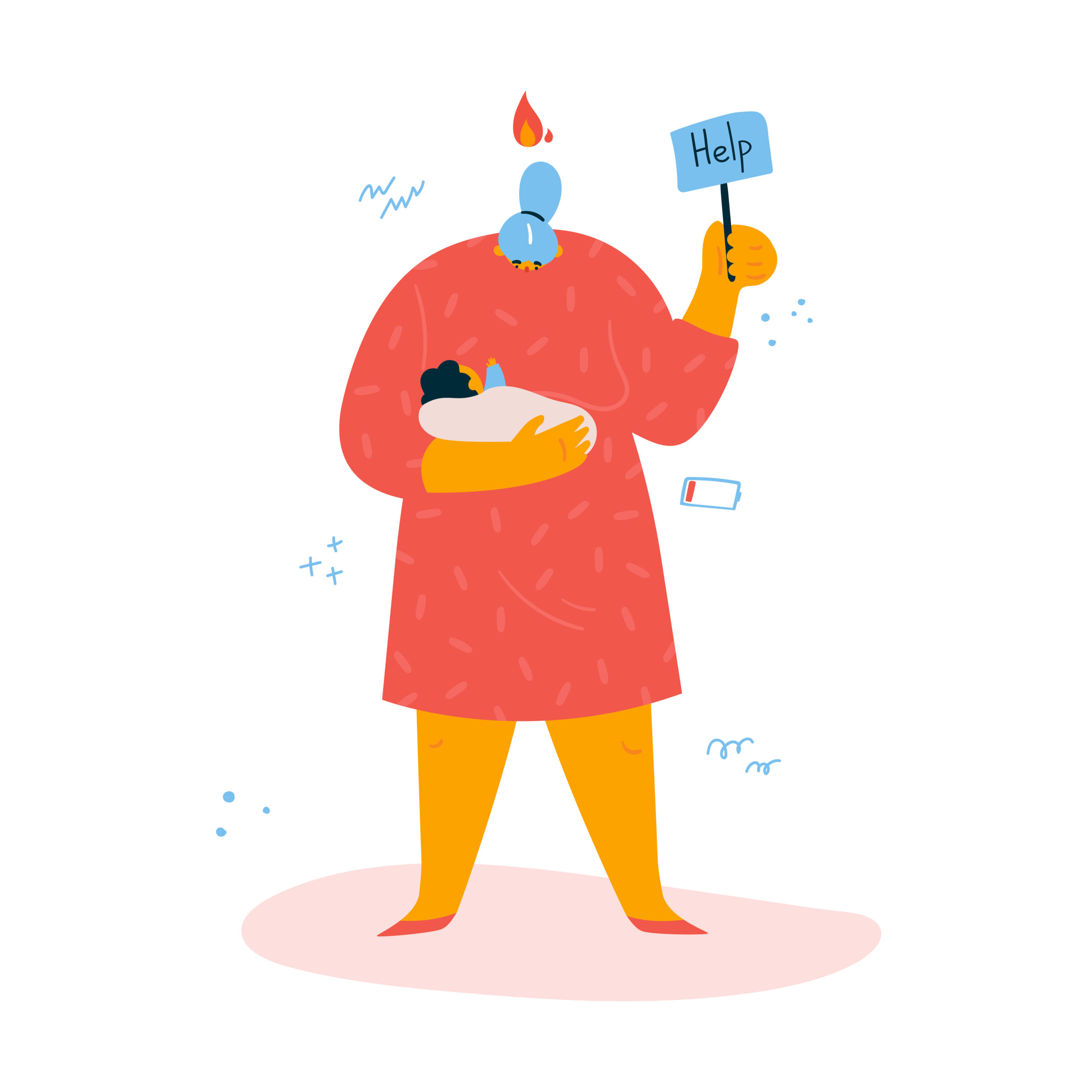 Emotional burnout woman is standing with a sign Help with baby in hands.Tired and exasperated woman in despair with fire over her head.Postpartum depression.Stress at home.Burnout concept.Vector