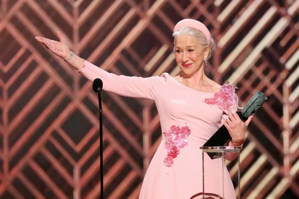 SANTA MONICA, CALIFORNIA - FEBRUARY 27: Helen Mirren accepts the Screen Actors Guild Life Achievement Award onstage during the 28th Annual Screen Actors Guild Awards at Barker Hangar on February 27, 2022 in Santa Monica, California. (Photo by Rich Fury/Getty Images)