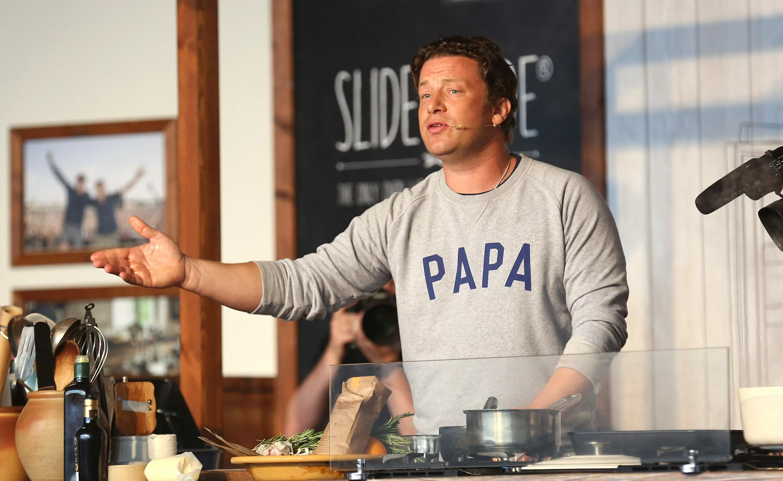 KINGHAM, OXFORDSHIRE - AUGUST 27: Jamie Oliver attends a cooking demonstration at the Neff Big Kitchen on day two of The Big Feastival at Alex James' Farm on August 27, 2016 in Kingham, Oxfordshire. (Photo by Tim P. Whitby/Getty Images)
