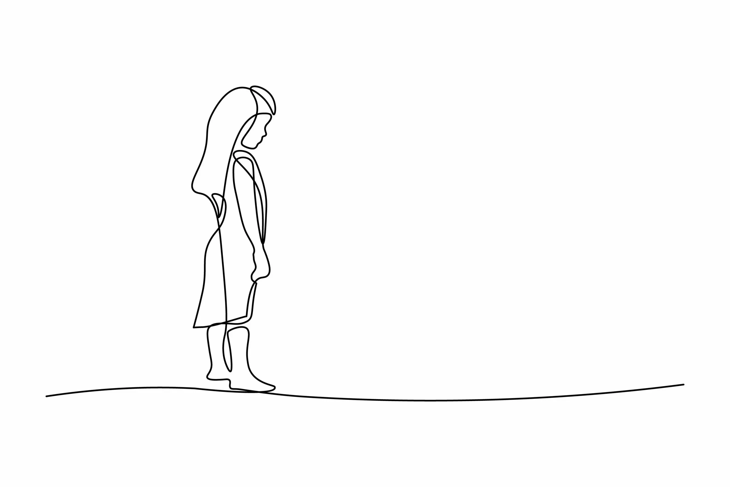 Sad little girl in continuous line art drawing style. Upset kid looking lonely black linear sketch isolated on white background. Vector illustration