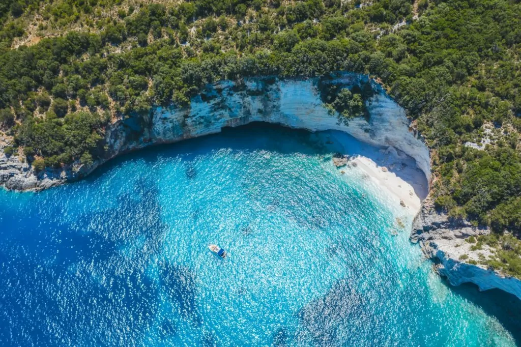Remote and hidden Fteri beach in Kefalonia Island, Greece, Europe.