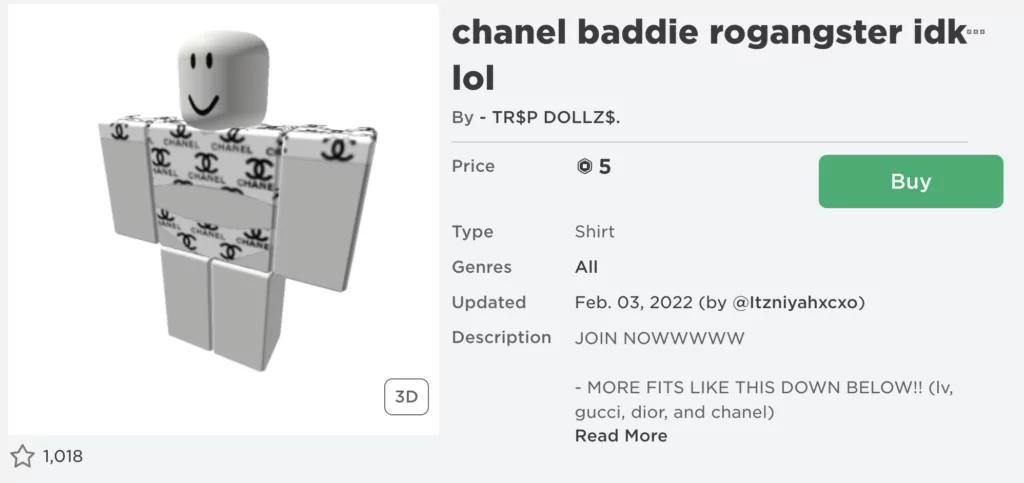 Lažni Chanel na prodaju u Robloxu