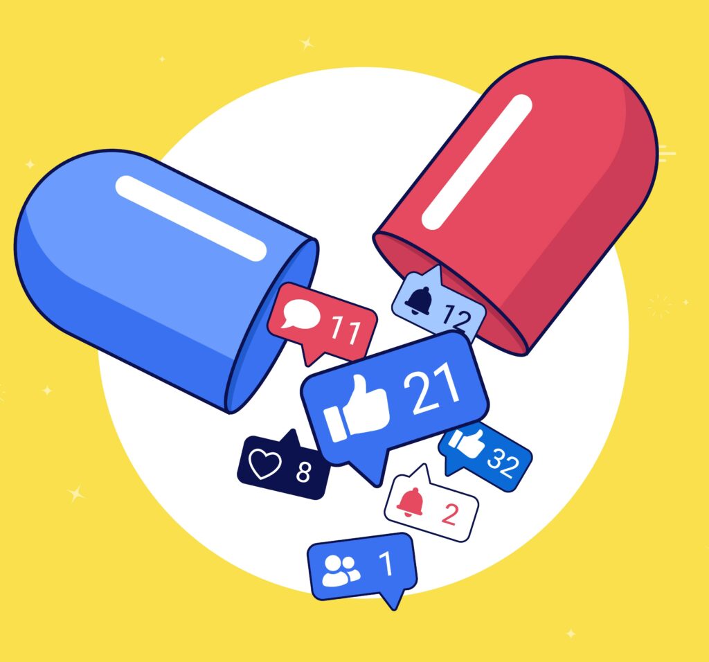 Pill full of icons and symbols to feed your addiction. Modern day challenge, mental health, and obsession concept. Vector illustration.