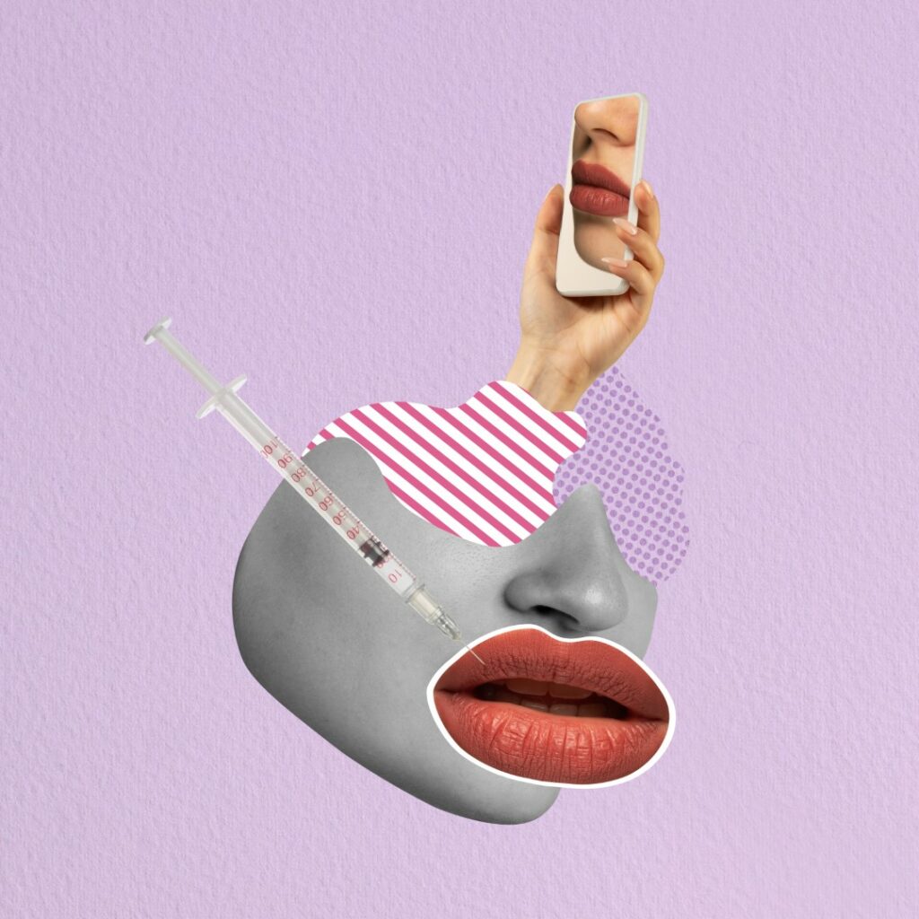 Contemporary art collage. Visiting cosmetologist for lip augmentation. Colorful design for cosmetology advertisement. Modern style. Concept of beauty, cosmetology, treatment, profession, fashion
