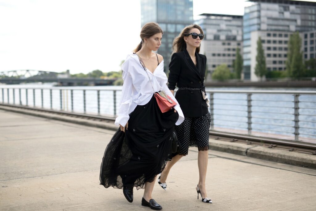 BERLIN, GERMANY - JULY 04: Alexandra Lapp (R) and Vicky Heiler (L) pose at the Marc Cain street style shooting during Mercedes-Benz Fashion Week Berlin Spring/Summer 2018 on July 4, 2017 in Berlin, Germany. (Photo by Brian Dowling/Getty Images for Marc Cain)