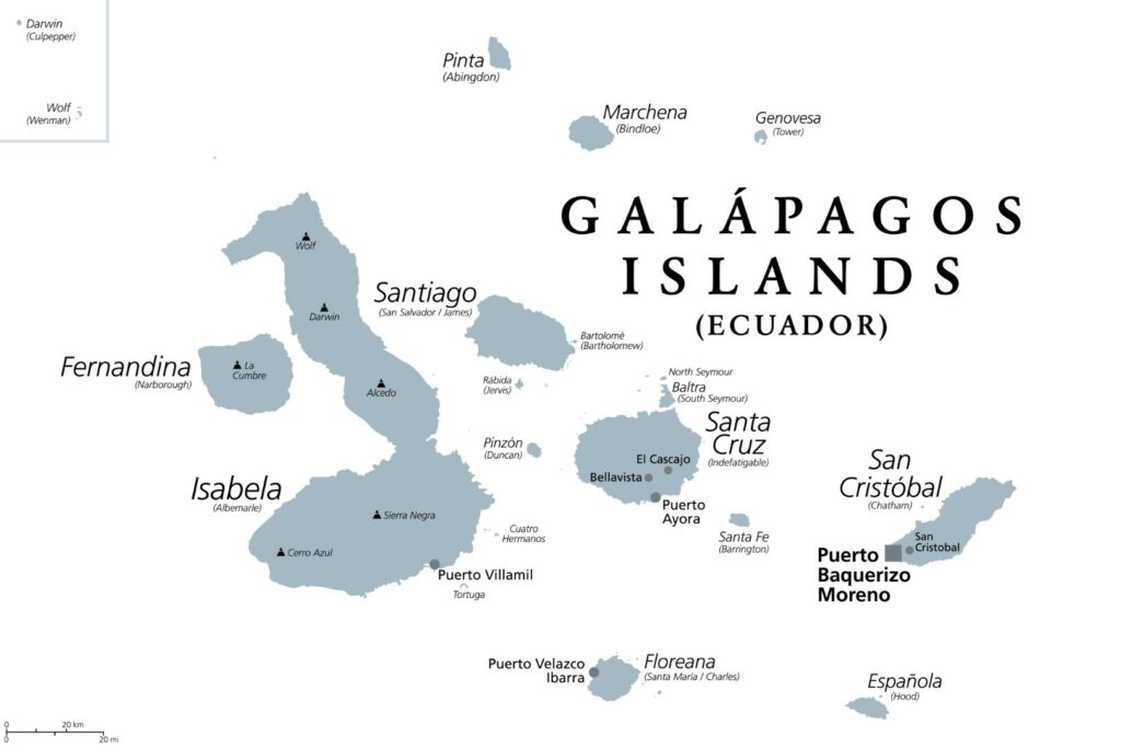 Galapagos Islands, Ecuador, gray political map, with capital Puerto Baquerizo Moreno. Archipelago of volcanic islands on either side of equator in Pacific Ocean with a large number of endemic species.