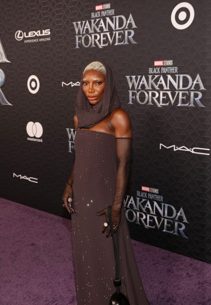 LOS ANGELES, CALIFORNIA - OCTOBER 26: Michaela Coel attends the Black Panther: Wakanda Forever World Premiere at the El Capitan Theatre in Hollywood, California on October 26, 2022. (Photo by Jesse Grant/Getty Images for Disney)