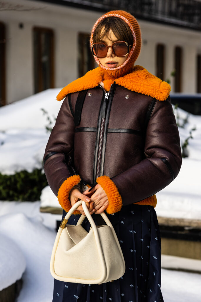 STOCKHOLM, SWEDEN - FEBRUARY 09: Emma Fridsell wearing Acne Studios, Baum und Pferdgarten, Boyy Boutique, and Prada poses for a picture outside of Hotel Diplomat on the first day of Stockholm Fashion Week Autumn/Winter 2021 on February 9, 2021 in Stockholm, Sweden. (Photo by Michael Campanella/Getty Images)