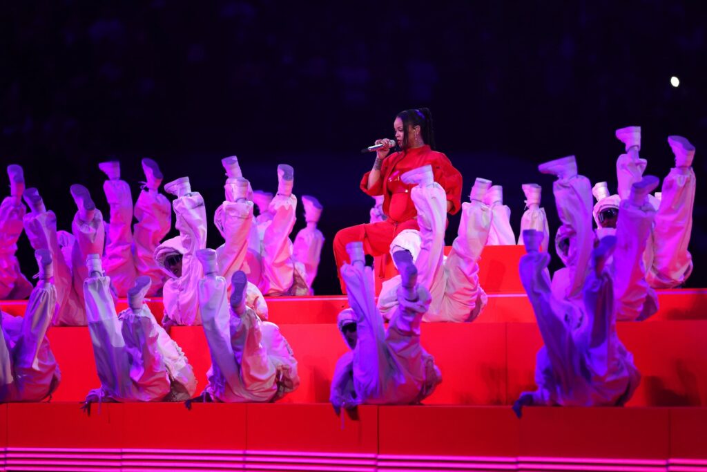 GLENDALE, ARIZONA - FEBRUARY 12: Rihanna performs onstage during the Apple Music Super Bowl LVII Halftime Show at State Farm Stadium on February 12, 2023 in Glendale, Arizona. (Photo by Christian Petersen/Getty Images)