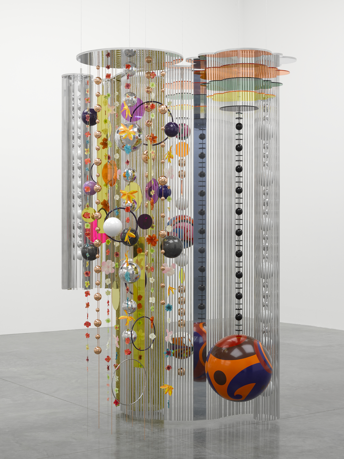Beatriz Milhazes, Marola, 2015; Acrylic, hand-painted enamel on aluminum, stainless steel, and polyester flowers, 100 x 72 x 56 in.; Gift of Tony Podesta Collection; © Beatriz Milhazes Studio; Image courtesy of White Cube Gallery; Photo by Ben Westoby